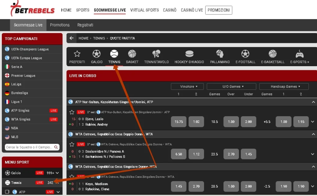 Scommesse Live sul tennis